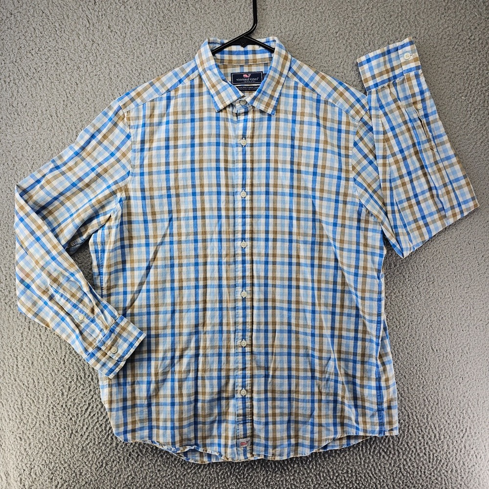 Vineyard Vines Shirt Mens Large Plaid Classic Fit Cooper Button Up Linen Stretch